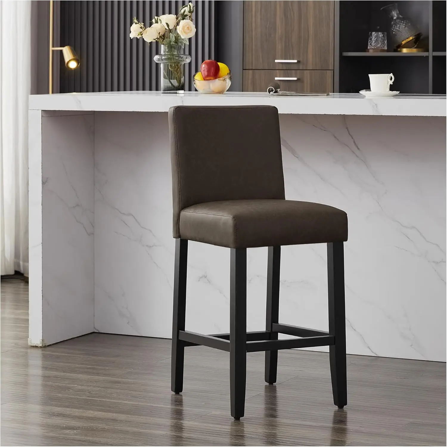 26'' Faux Leather Bar Stools, Modern Upholstered Bar Height Bar Chairs, Soild Wood Legs Barstools With Back, Brown
26'' Faux Leather Bar Stools, Modern Upholstered Bar Height Bar Chairs, Soild Wood Legs Barstools With Back, Brown