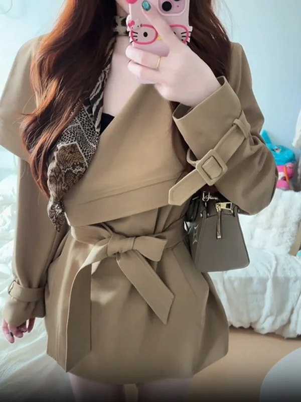 Elegant Khaki Color Women's Long Coat with Stand Collar Korean Style Commute Polyester Fiber Windbreaker Outerwear
Elegant Khaki Color Women's Long Coat with Stand Collar Korean Style Commute Polyester Fiber Windbreaker Outerwear