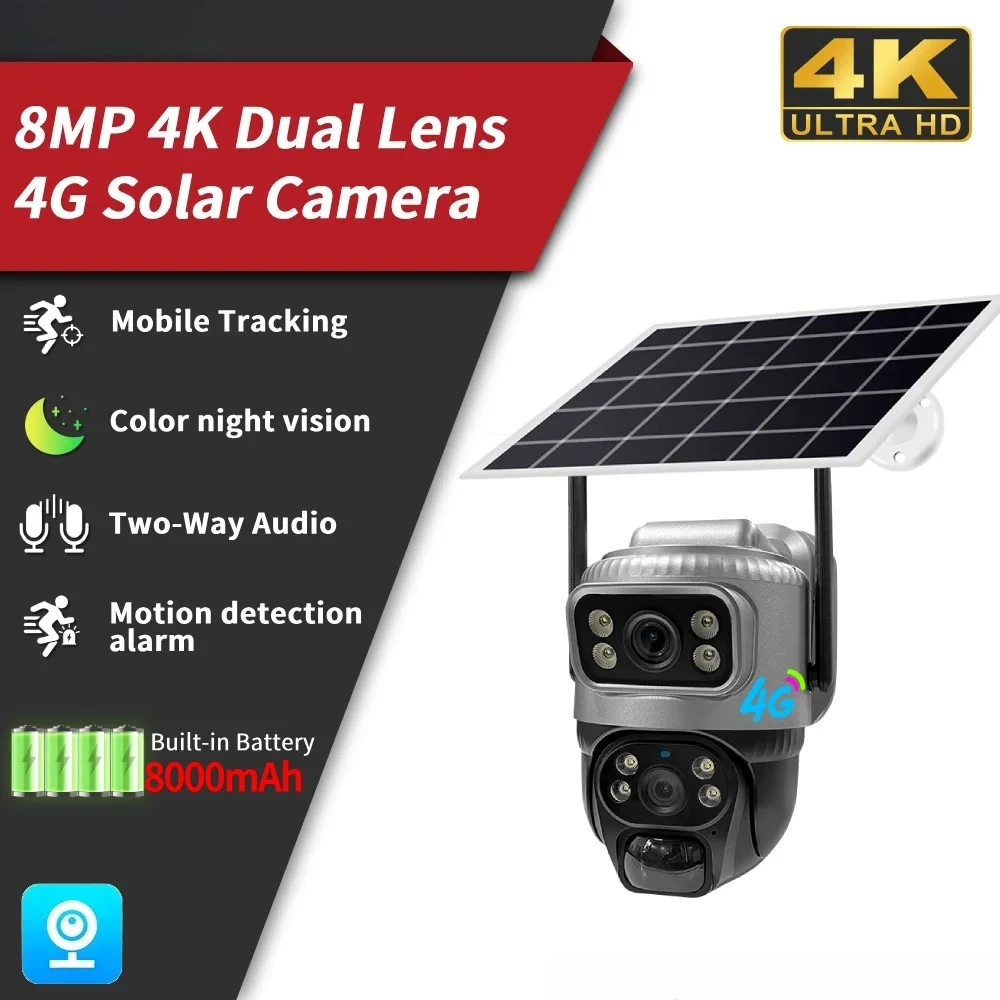 PEGATAH 8MP 4K Dual Lens 4G Solar Camera PIR Night Vision Human Detection Waterproof Security Video IP Cam Battery CCTV Monitor