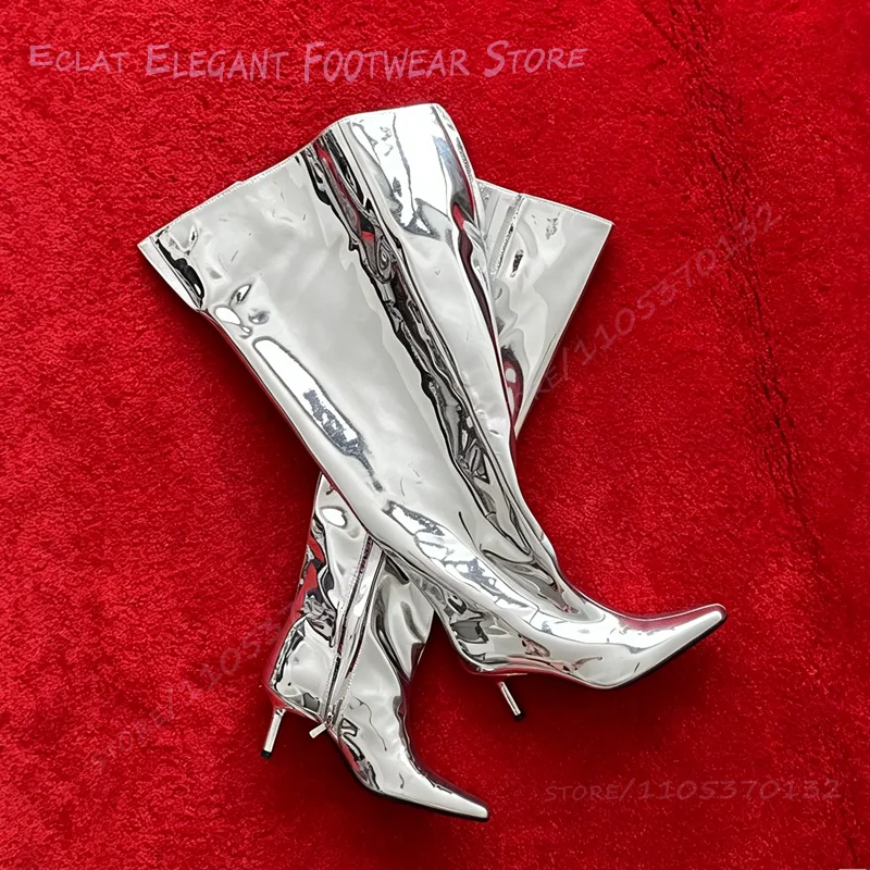 Mirror Square Metallic Patent Loose Boots Shiny Silver Low Heeled Knee Stiletto Spike Heel Booties Hot Chick Catwalk Club Shoes
Mirror Square Metallic Patent Loose Boots Shiny Silver Low Heeled Knee Stiletto Spike Heel Booties Hot Chick Catwalk Club Shoes