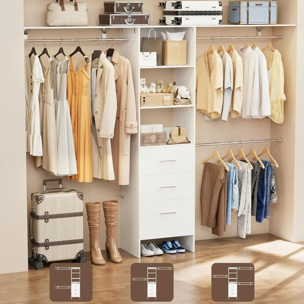 Closet System with Drawers, 8FT Walk in Closets Organizer with 3 Shelving Towers, 96" Wood Storage Unit w/ Hanging Pods & Garmen 
Closet System with Drawers, 8FT Walk in Closets Organizer with 3 Shelving Towers, 96" Wood Storage Unit w/ Hanging Pods & Garmen