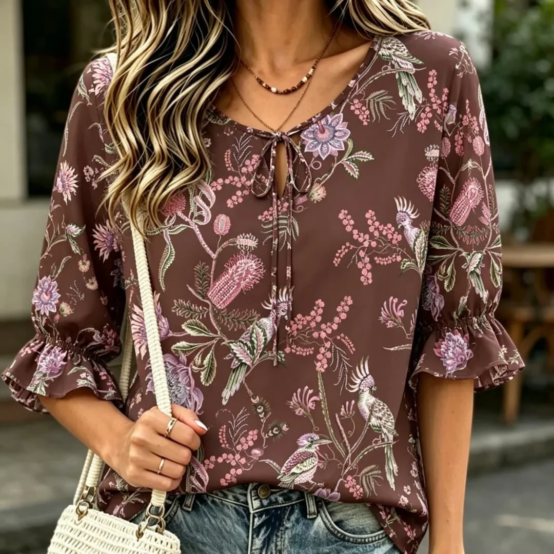 Vintage Bird Floral Print Tie Neck Blouse Ruffle Half Sleeve Boho Casual Loose Fit Summer Blouse for Women
Vintage Bird Floral Print Tie Neck Blouse Ruffle Half Sleeve Boho Casual Loose Fit Summer Blouse for Women