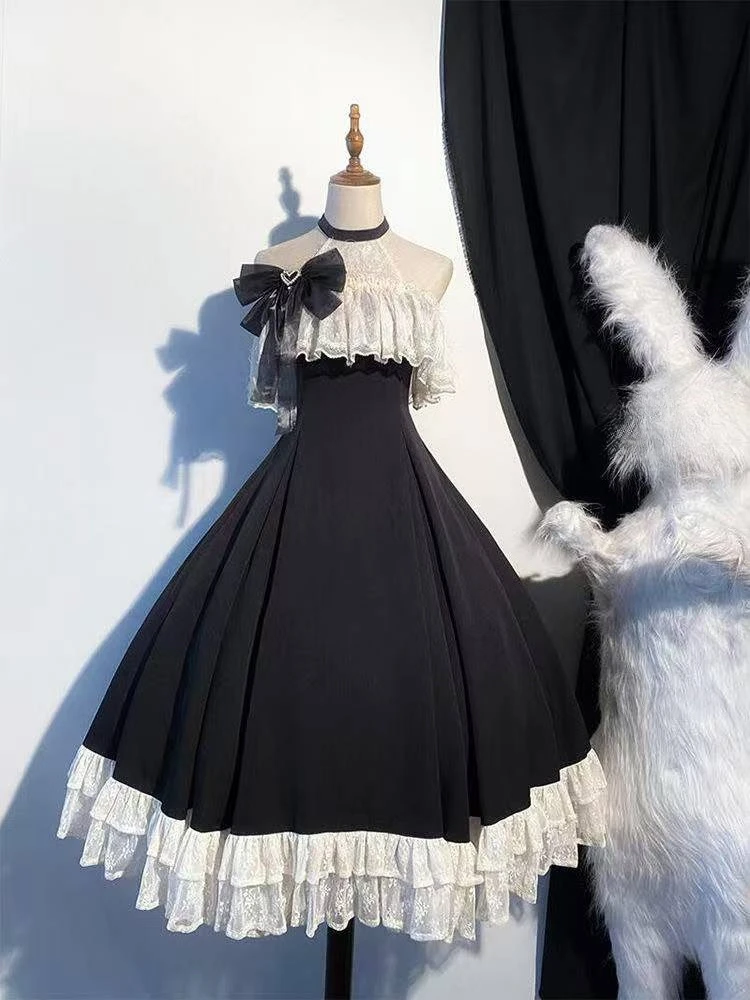 Party Kawaii Lolita Bow Slash Neck Dresses Gothic Vintage Black Midi Dress Women Summer Harajuku Lace Halter Bodycon Vestidos
Party Kawaii Lolita Bow Slash Neck Dresses Gothic Vintage Black Midi Dress Women Summer Harajuku Lace Halter Bodycon Vestidos