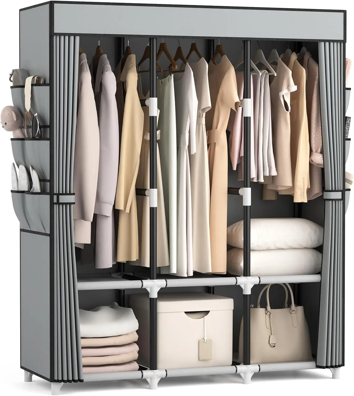 Portable Closet Wardrobe for Hanging Clothes Closet with Cover, 3 Hanging rods, 6 Storage Shelves and Side Pocket, Diameter 1
Portable Closet Wardrobe for Hanging Clothes Closet with Cover, 3 Hanging rods, 6 Storage Shelves and Side Pocket, Diameter 1
