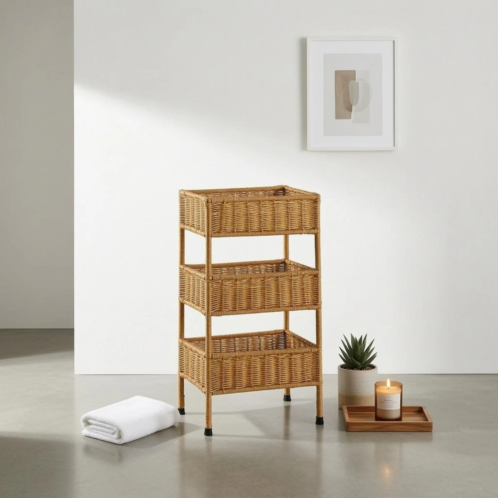 3 Tier Rattan Shelf Exposed Tiers Rattan Storage Rack Three-Tier Storage Rack Slender Legs Multi-Purpose for Display
3 Tier Rattan Shelf Exposed Tiers Rattan Storage Rack Three-Tier Storage Rack Slender Legs Multi-Purpose for Display