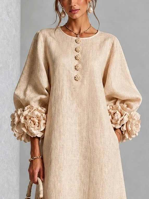 Elegant Women Linen Midi Dress O Neck 3D Floral Lantern Sleeve Button Loose Straight Long Dress Modest Casual Party Dresses 74 S8a4eec8640374d089845d3bf4961ced7O