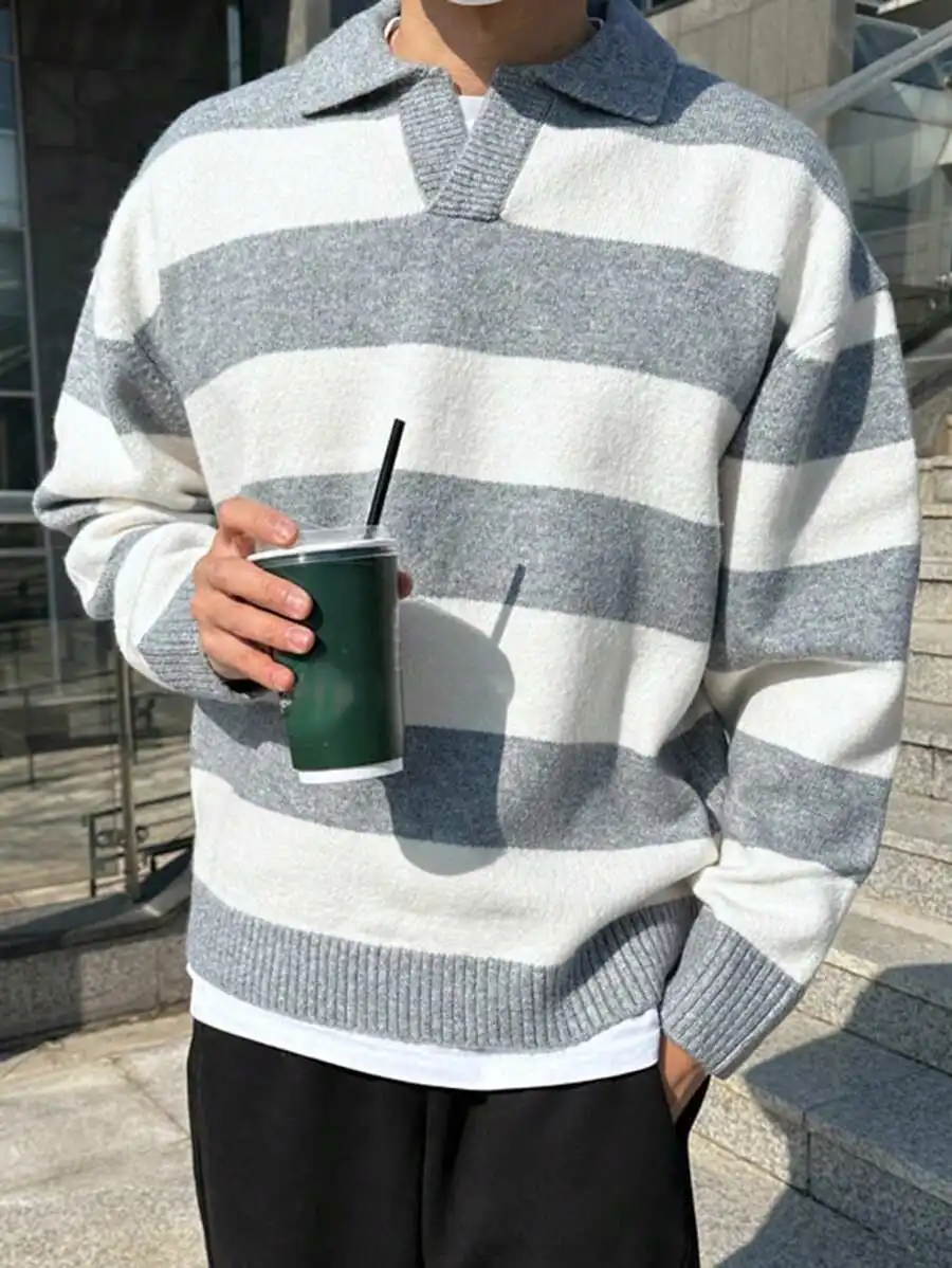 Men's Gray and Cream Striped Knit Sweater with Collar, Casual Fall Style
Men's Gray and Cream Striped Knit Sweater with Collar, Casual Fall Style