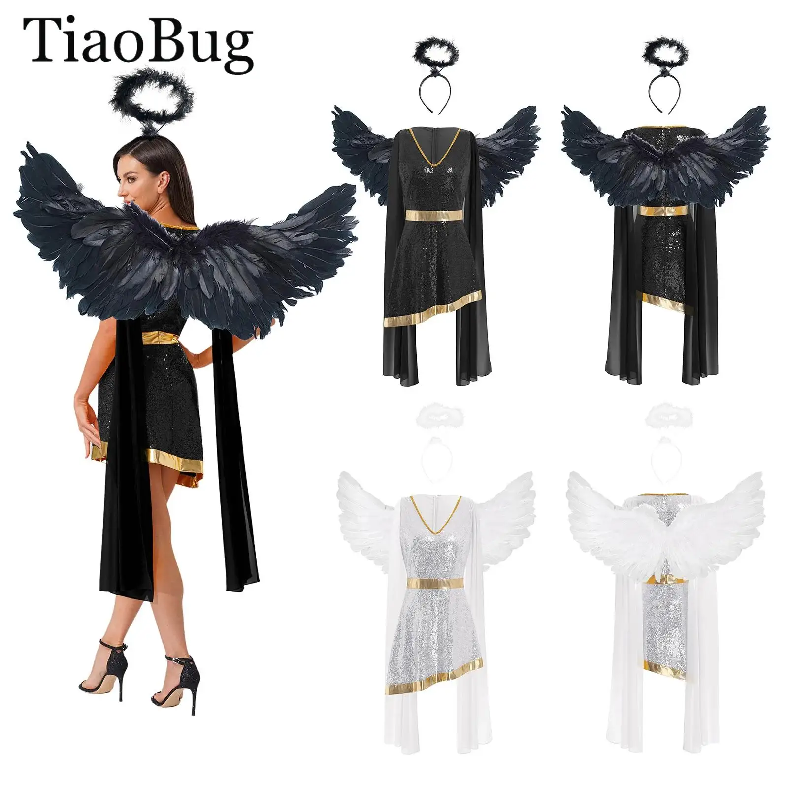 Womens Angel Cosplay Outfit V-neck Sleeveless Shiny Sequin Dress with Feather Wings And Headband 3-piece Set Halloween
Womens Angel Cosplay Outfit V-neck Sleeveless Shiny Sequin Dress with Feather Wings And Headband 3-piece Set Halloween