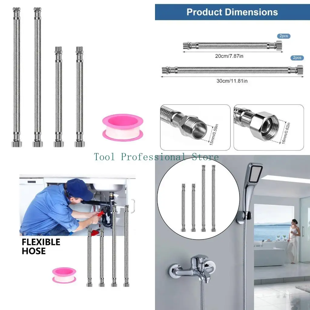 57QF 4Pcs Stainless Steel Braided Hoses 3/8Inch Flexible Plumbing Hoses Connector for Long Lasting Performances Enduring
57QF 4Pcs Stainless Steel Braided Hoses 3/8Inch Flexible Plumbing Hoses Connector for Long Lasting Performances Enduring