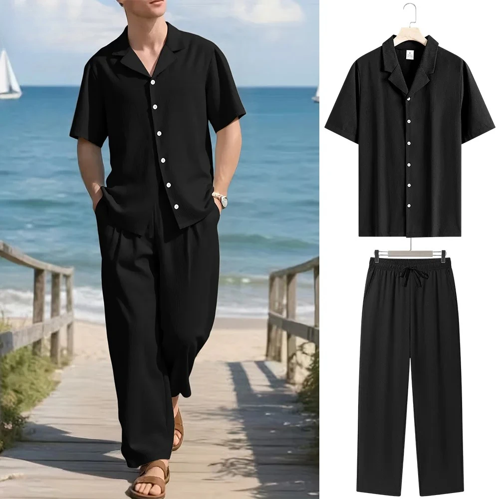Wrinkle Crepe Woven Men Two Piece Summer Loose Suit Open Notch Collar Short Sleeve Shirt + Side Pocket Wide Leg Trousers
Wrinkle Crepe Woven Men Two Piece Summer Loose Suit Open Notch Collar Short Sleeve Shirt + Side Pocket Wide Leg Trousers