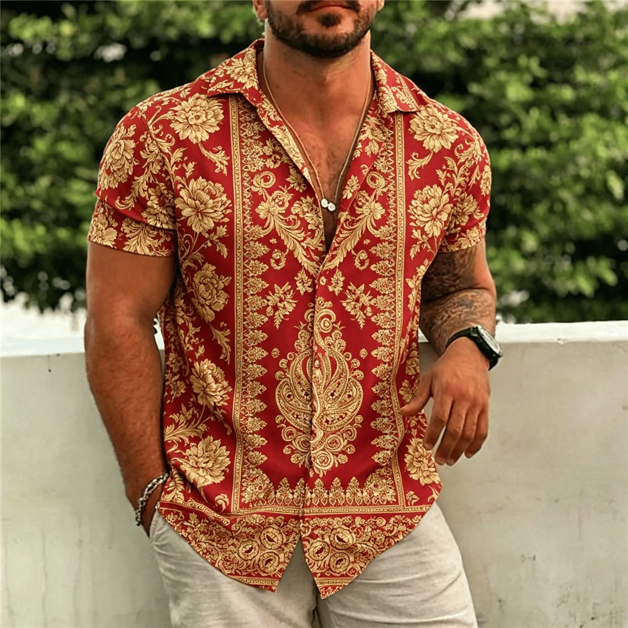 Men's Red Gold Baroque Floral Print Short Sleeve Shirt, Luxury Vintage Button Up Shirt for Spring & Summer
Men's Red Gold Baroque Floral Print Short Sleeve Shirt, Luxury Vintage Button Up Shirt for Spring & Summer