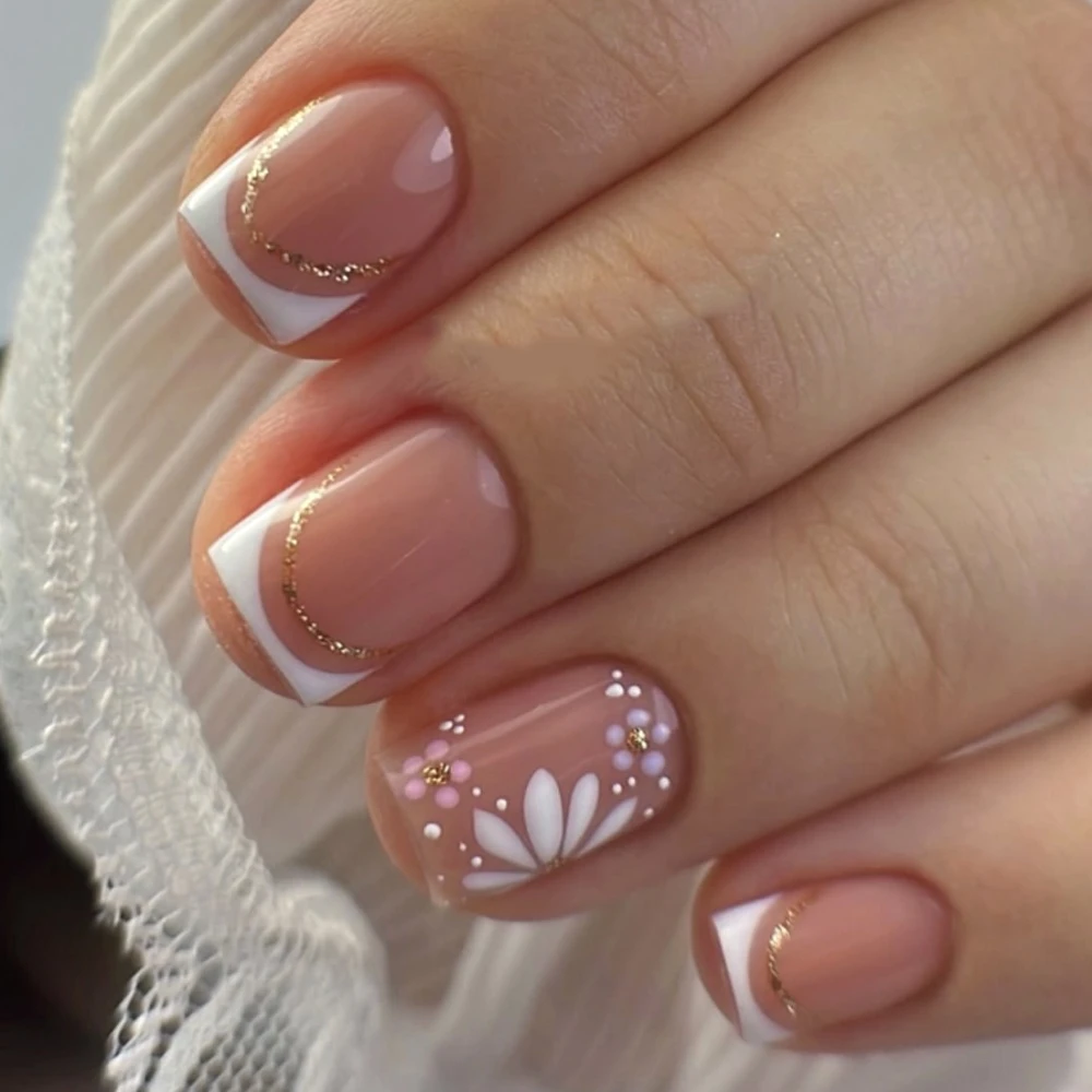 Flowers Gold Glitter Powder Edge White French Nail Art Fashion Wearable Fake Nail Detachable Finished False Nails Press on Nails
Flowers Gold Glitter Powder Edge White French Nail Art Fashion Wearable Fake Nail Detachable Finished False Nails Press on Nails