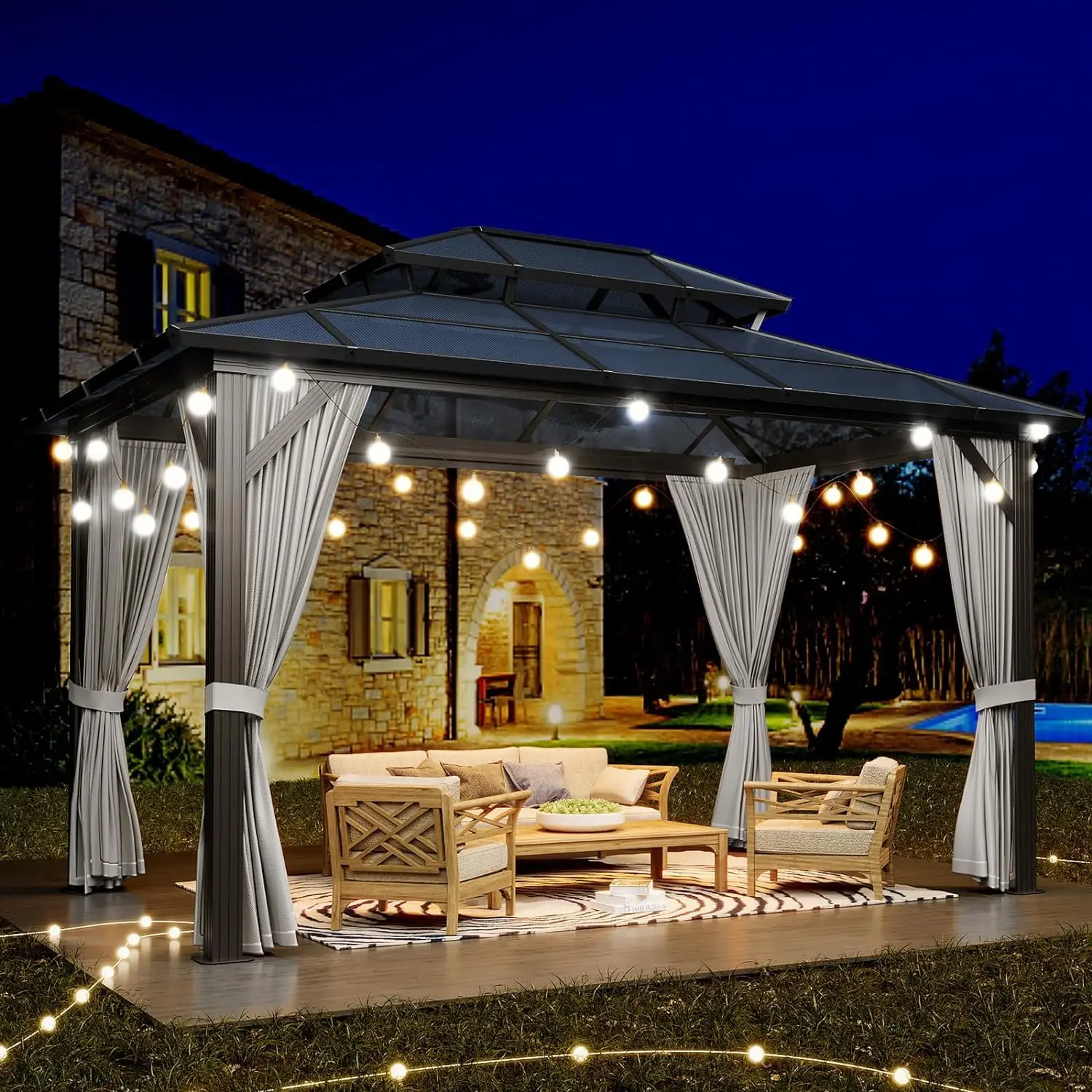 10'x13' Hardtop Gazebo, Outdoor Polycarbonate Double Roof Canopy, Aluminum Frame Permanent Pavilion with Curtains and, Custom
10'x13' Hardtop Gazebo, Outdoor Polycarbonate Double Roof Canopy, Aluminum Frame Permanent Pavilion with Curtains and, Custom