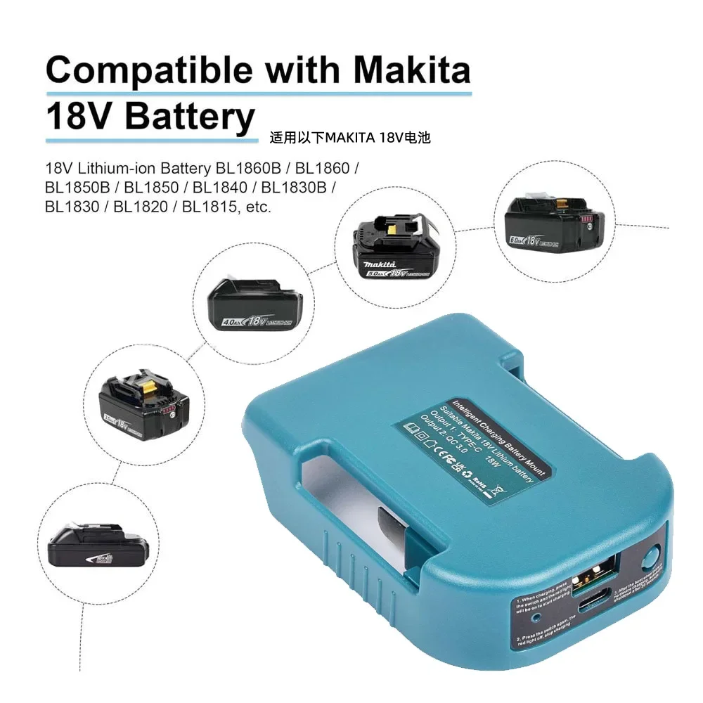 For Makita 18V with USB with Type-C Battery Holder for Makita 18V Battery BL1840 BL1850 BL1860 Charger Adapter Charging
For Makita 18V with USB with Type-C Battery Holder for Makita 18V Battery BL1840 BL1850 BL1860 Charger Adapter Charging