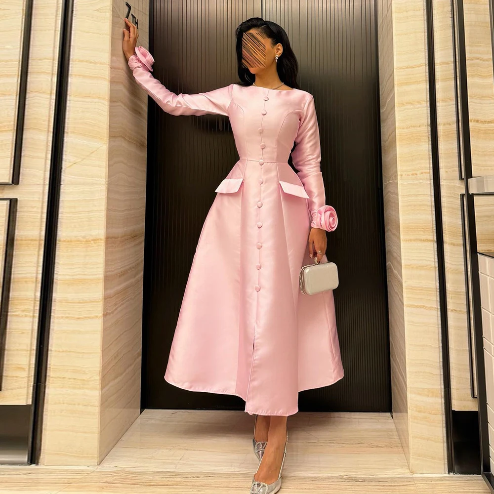 CustomizedClassic Pink Satin A-Line Evening Dress Exquisite O-Neck Pleat Button Tea-Length Flowers Long Sleeves for Girls Vestid
CustomizedClassic Pink Satin A-Line Evening Dress Exquisite O-Neck Pleat Button Tea-Length Flowers Long Sleeves for Girls Vestid