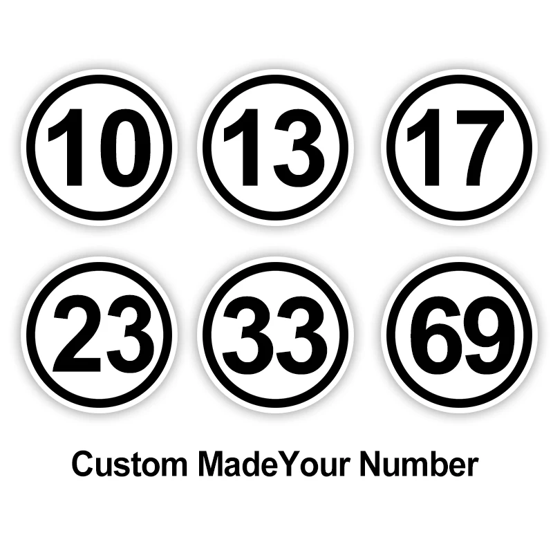 White Background Custom Made Racing Number 10 11 13 17 23 69 77 in Circle Car Sticker Waterproof Stickers for Motorcycle Helmet
White Background Custom Made Racing Number 10 11 13 17 23 69 77 in Circle Car Sticker Waterproof Stickers for Motorcycle Helmet