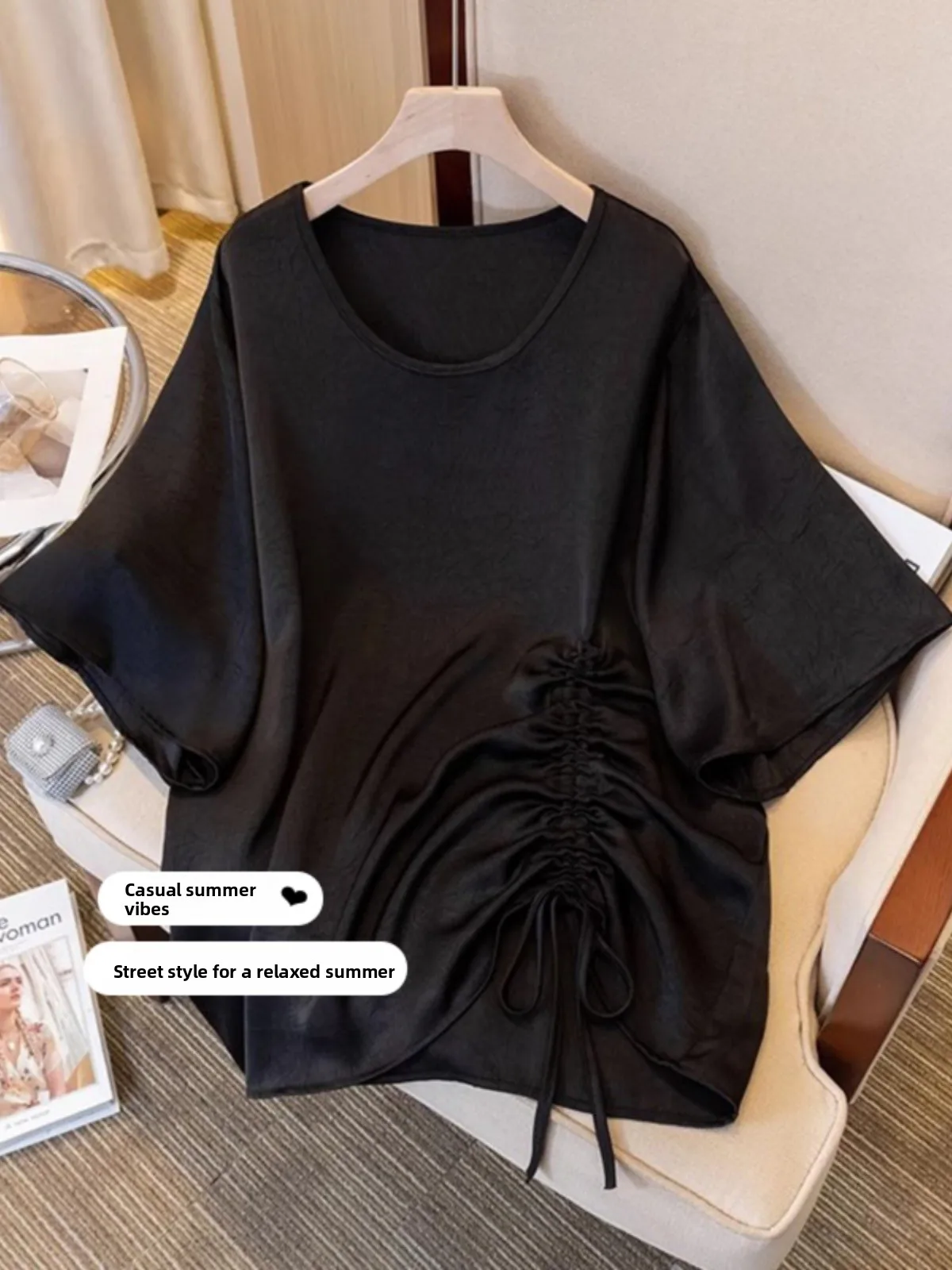 Elegant Acetate Satin Short Sleeve T-Shirt Women's Summer New plus Size Loose Belly Covering Drawstring Top Korean Style
Elegant Acetate Satin Short Sleeve T-Shirt Women's Summer New plus Size Loose Belly Covering Drawstring Top Korean Style