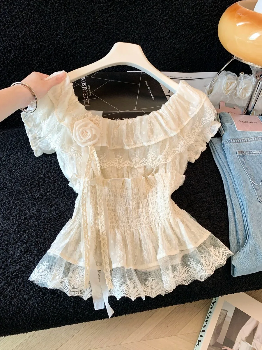 Sweet Three-Dimensional Flower Lace Short Sleeve Women's Chiffon Shirt Shoulder Bows Waist Cinching Slimming Splice Top
Sweet Three-Dimensional Flower Lace Short Sleeve Women's Chiffon Shirt Shoulder Bows Waist Cinching Slimming Splice Top