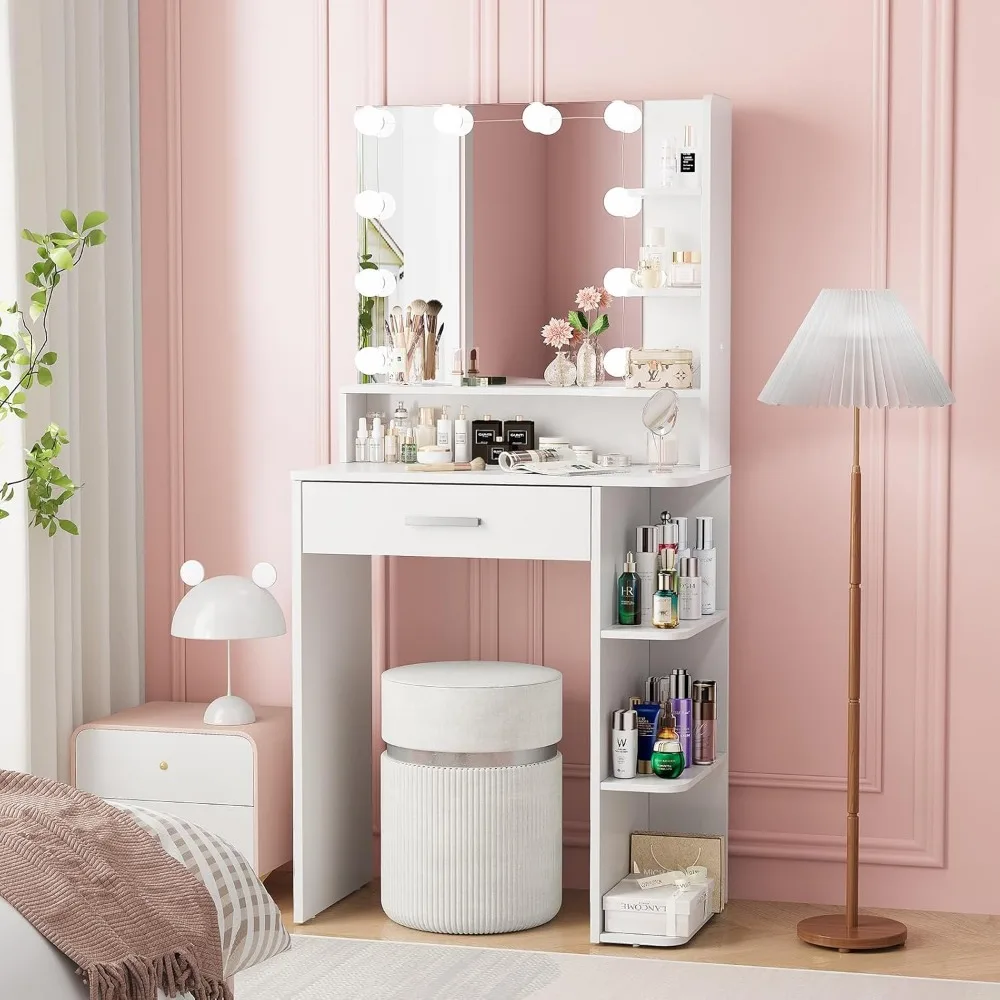 Makeup Vanity Desk with Mirror and Lights, 26.4”Small Vanity Mirror with Lights with Large Drawer and 6 Level Storage, White Van
Makeup Vanity Desk with Mirror and Lights, 26.4”Small Vanity Mirror with Lights with Large Drawer and 6 Level Storage, White Van