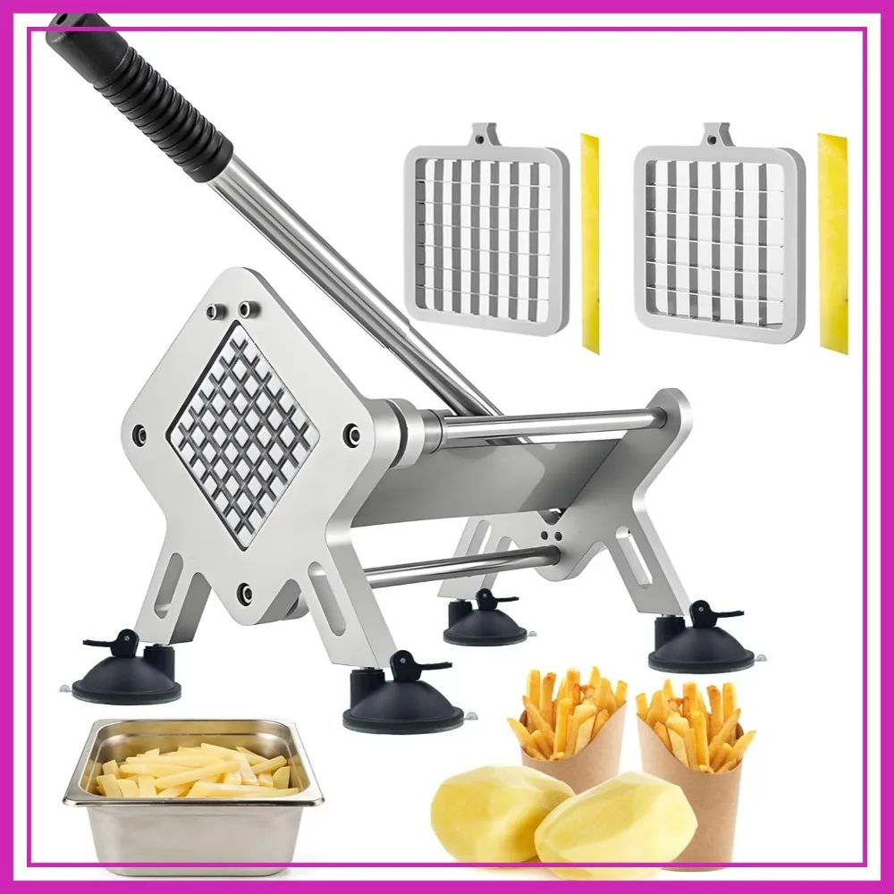 Heavy Duty French Fry Cutter, Stainless Steel Potato Slicer with 1/2" & 3/8" Square Blades, Manual Veggie Cutter for Carrot/Cucumber/Onion, Commercial & Home Use
Heavy Duty French Fry Cutter, Stainless Steel Potato Slicer with 1/2" & 3/8" Square Blades, Manual Veggie Cutter for Carrot/Cucumber/Onion, Commercial & Home Use