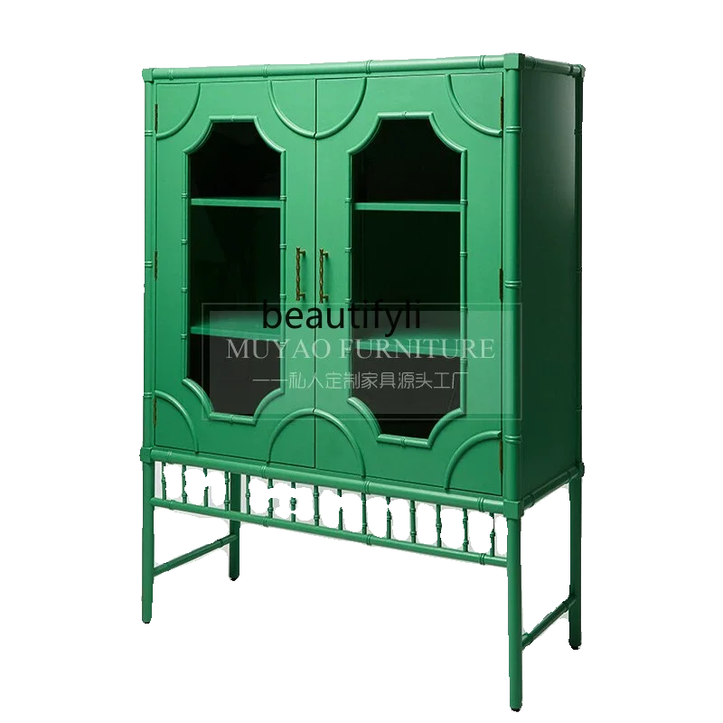 American solid wood dining side cabinet household French retro green modern simple living room storage tea and wine cabinet 
American solid wood dining side cabinet household French retro green modern simple living room storage tea and wine cabinet