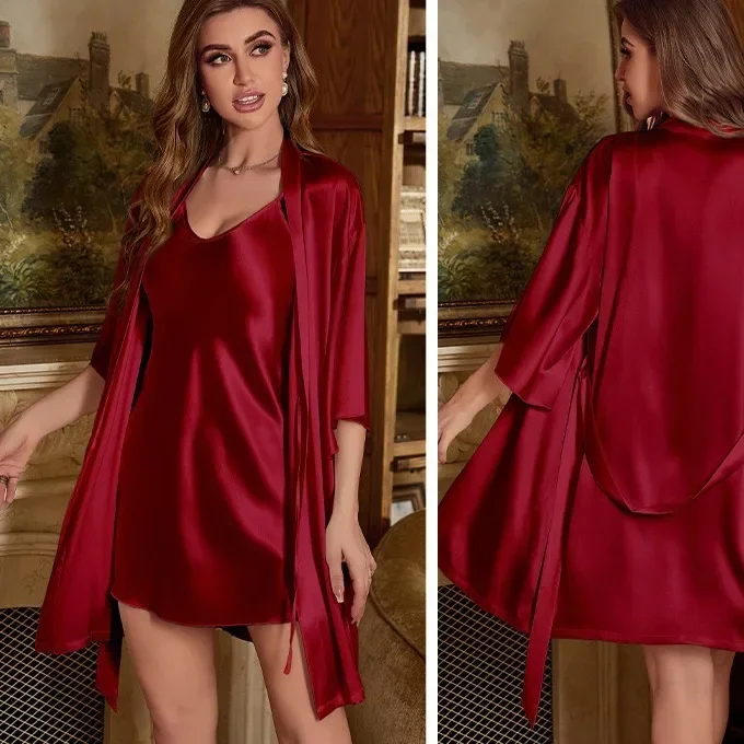 Thin Robe Strappy Dress Sleepwear Two-piece Set Women Polyester Fiber Bathrobe Gown Homewear Sleepdress Casual Satin Pijama
Thin Robe Strappy Dress Sleepwear Two-piece Set Women Polyester Fiber Bathrobe Gown Homewear Sleepdress Casual Satin Pijama