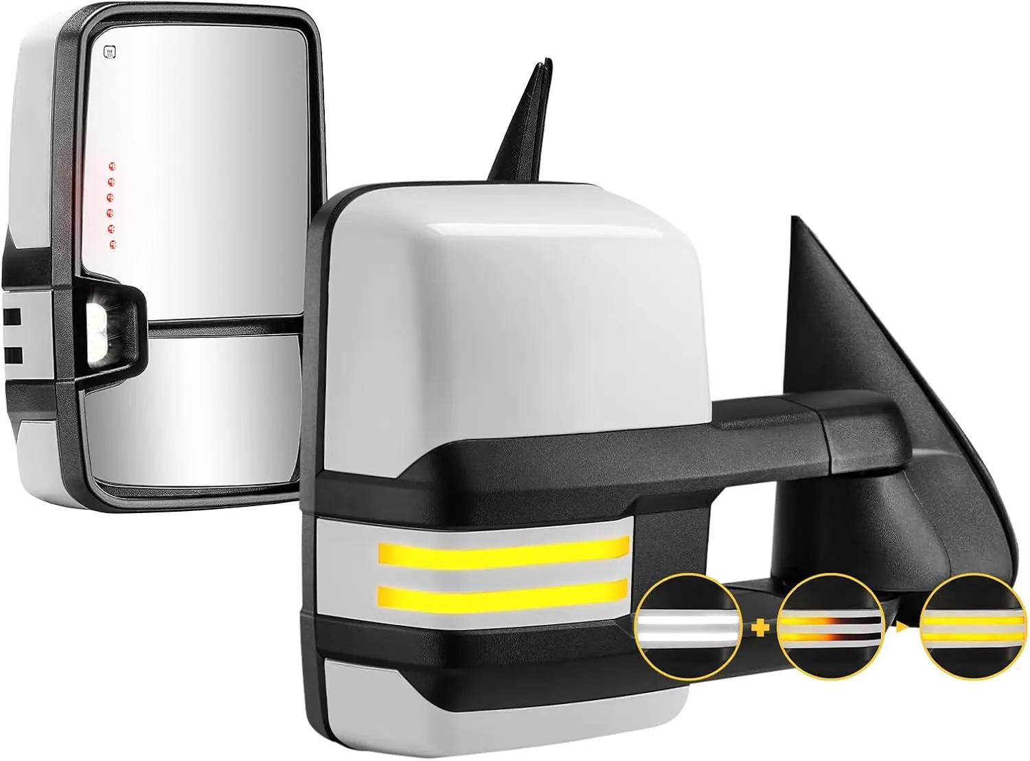 Towing Application, Plastic Material, White Color, Switchback Light with Dynamic Turn Signal and Running Light
Towing Application, Plastic Material, White Color, Switchback Light with Dynamic Turn Signal and Running Light