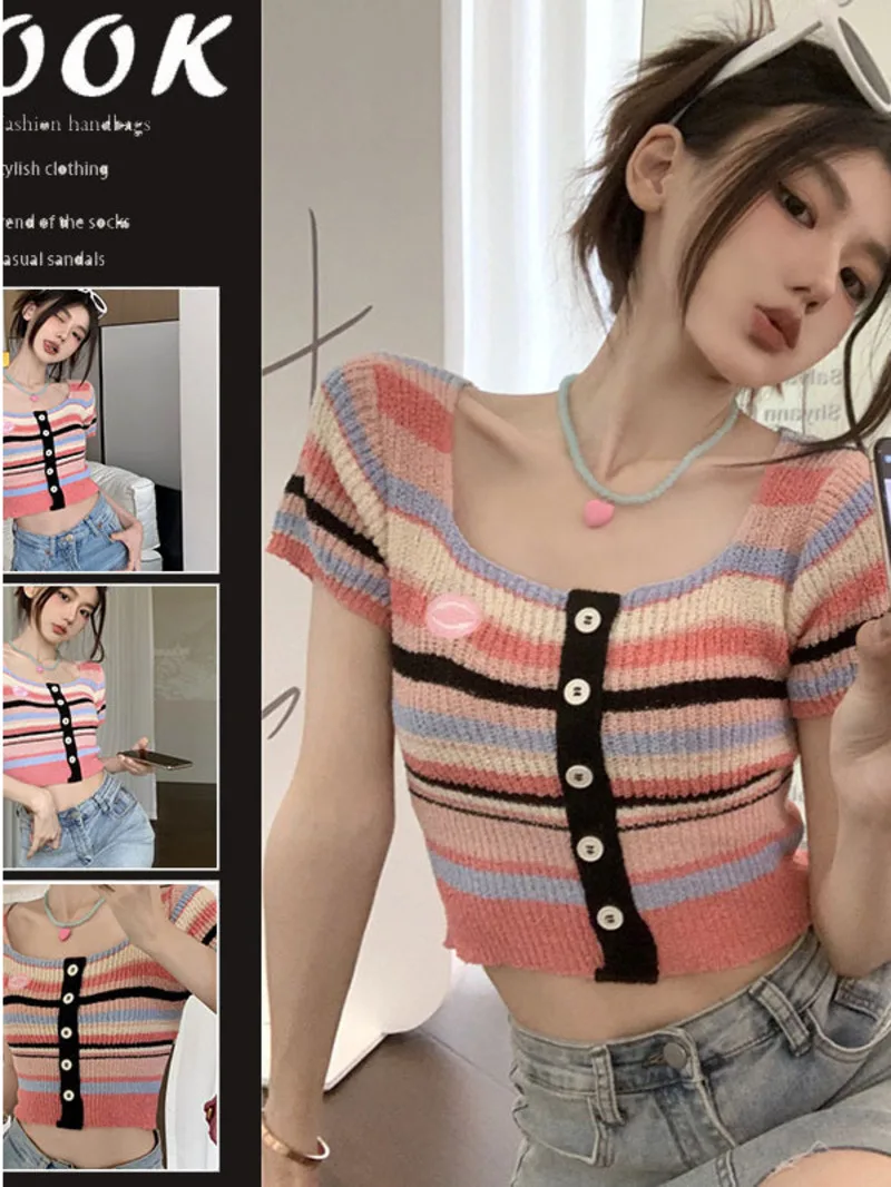 French striped square neck short sleeved knitted sweater for women in the summer of 2024 new slim fit and slimming effect LGJH
French striped square neck short sleeved knitted sweater for women in the summer of 2024 new slim fit and slimming effect LGJH
