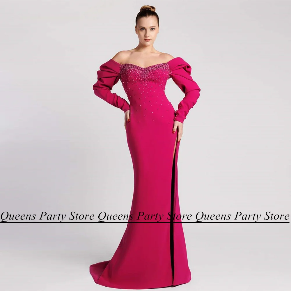 Fuchsia Mermaid Evening Dress Long V Neck Full Sleeve Beading Stones High Slit Woman Prom Dresses Dubai Formal Party Gown
Fuchsia Mermaid Evening Dress Long V Neck Full Sleeve Beading Stones High Slit Woman Prom Dresses Dubai Formal Party Gown