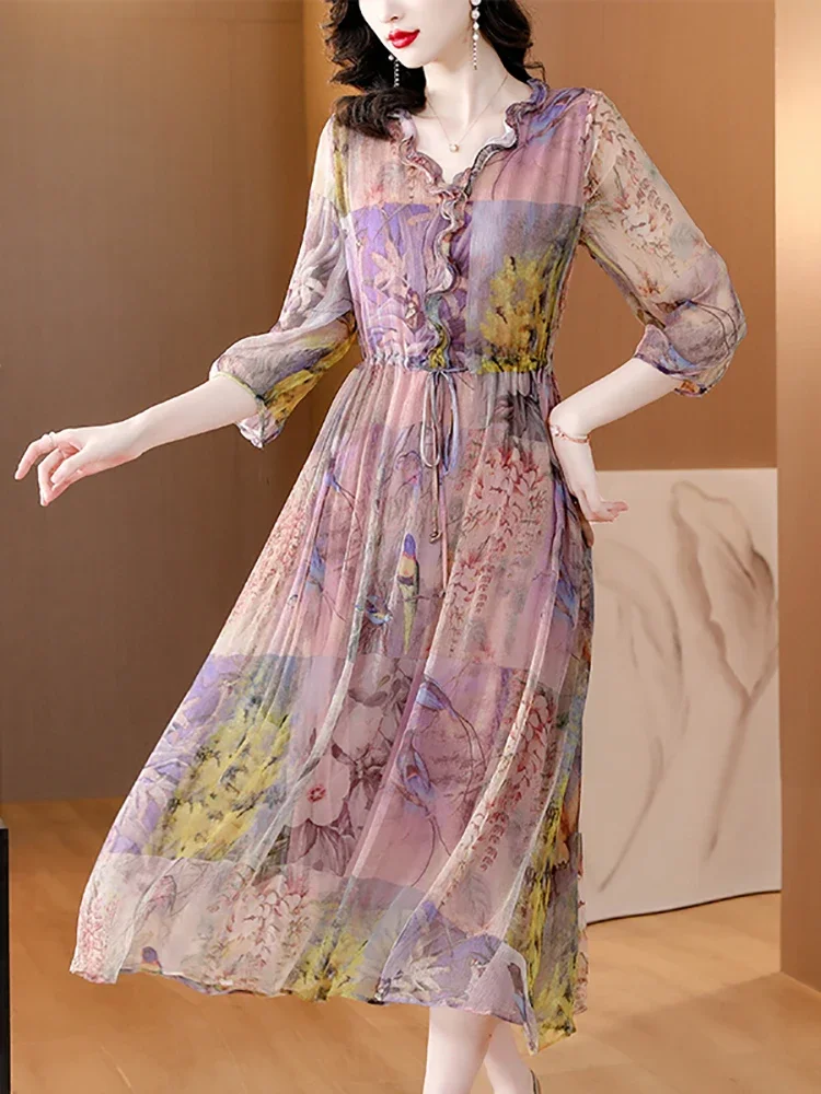 Women Korean Elegant Casual Holiday Dress Spring Summer Floral Silk Ruffled Collar Long Dress 2025 Fashion Luxury Vestidos Prom
Women Korean Elegant Casual Holiday Dress Spring Summer Floral Silk Ruffled Collar Long Dress 2025 Fashion Luxury Vestidos Prom