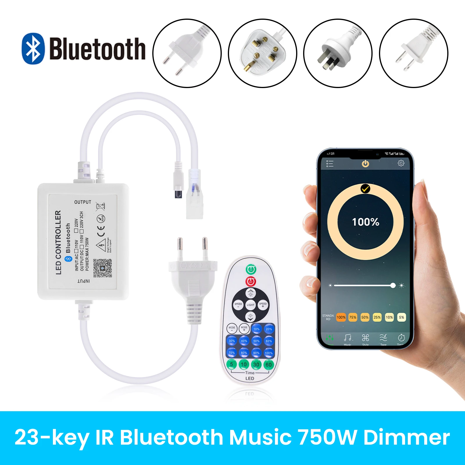 Контроль приложения Bluetooth, одноцветный контроллер с дистанционным управлением, комплект ЕС/Великобритании/США/Австралии, используется для светодиодной ленты переменного тока 110 В 220 В
Контроль приложения Bluetooth, одноцветный контроллер с дистанционным управлением, комплект ЕС/Великобритании/США/Австралии, используется для светодиодной ленты переменного тока 110 В 220 В