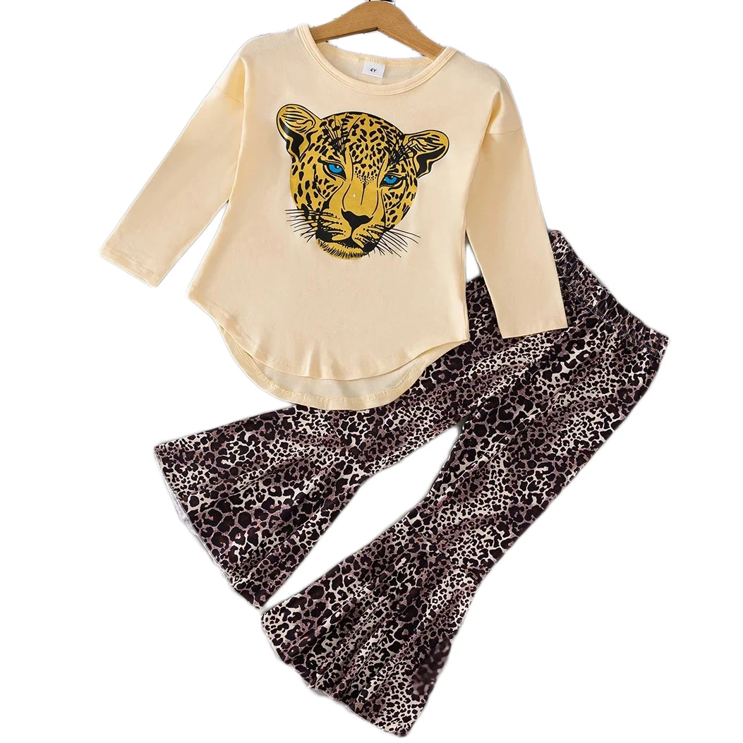 Spring and Autumn New Girl's Long Sleeved Pants Leopard Head Printed Fashion Two Piece Set Leopard Pattern Flare Pants Show Set
Spring and Autumn New Girl's Long Sleeved Pants Leopard Head Printed Fashion Two Piece Set Leopard Pattern Flare Pants Show Set