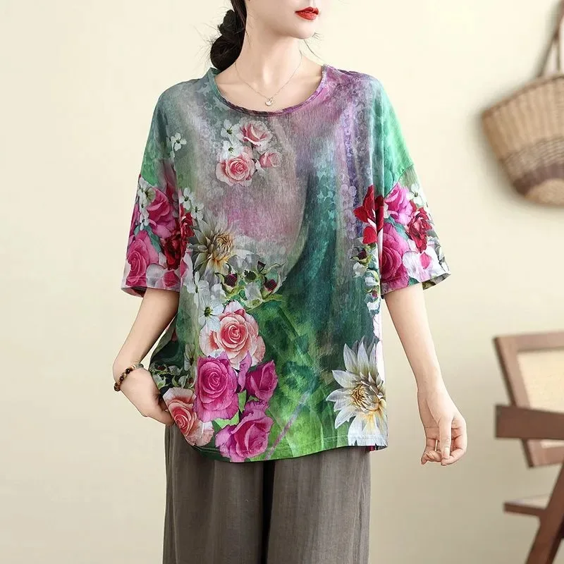 Vintage Floral Print Crew Neck T-Shirt Women Casual Loose Fit Short Sleeve Cotton Tee Tops
Vintage Floral Print Crew Neck T-Shirt Women Casual Loose Fit Short Sleeve Cotton Tee Tops