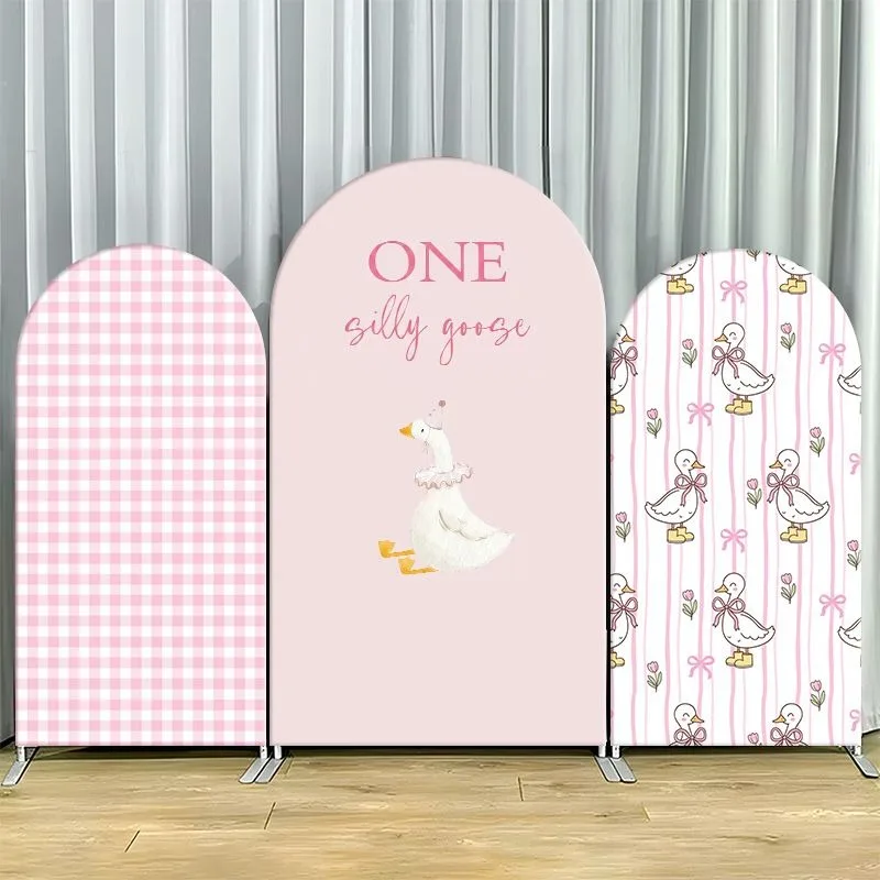 Single Side Arch Backdrop Cover Elegant One Silly Goose Themed Party Backdrop Set Featuring Pink Gingham Check Pattern Left
Single Side Arch Backdrop Cover Elegant One Silly Goose Themed Party Backdrop Set Featuring Pink Gingham Check Pattern Left