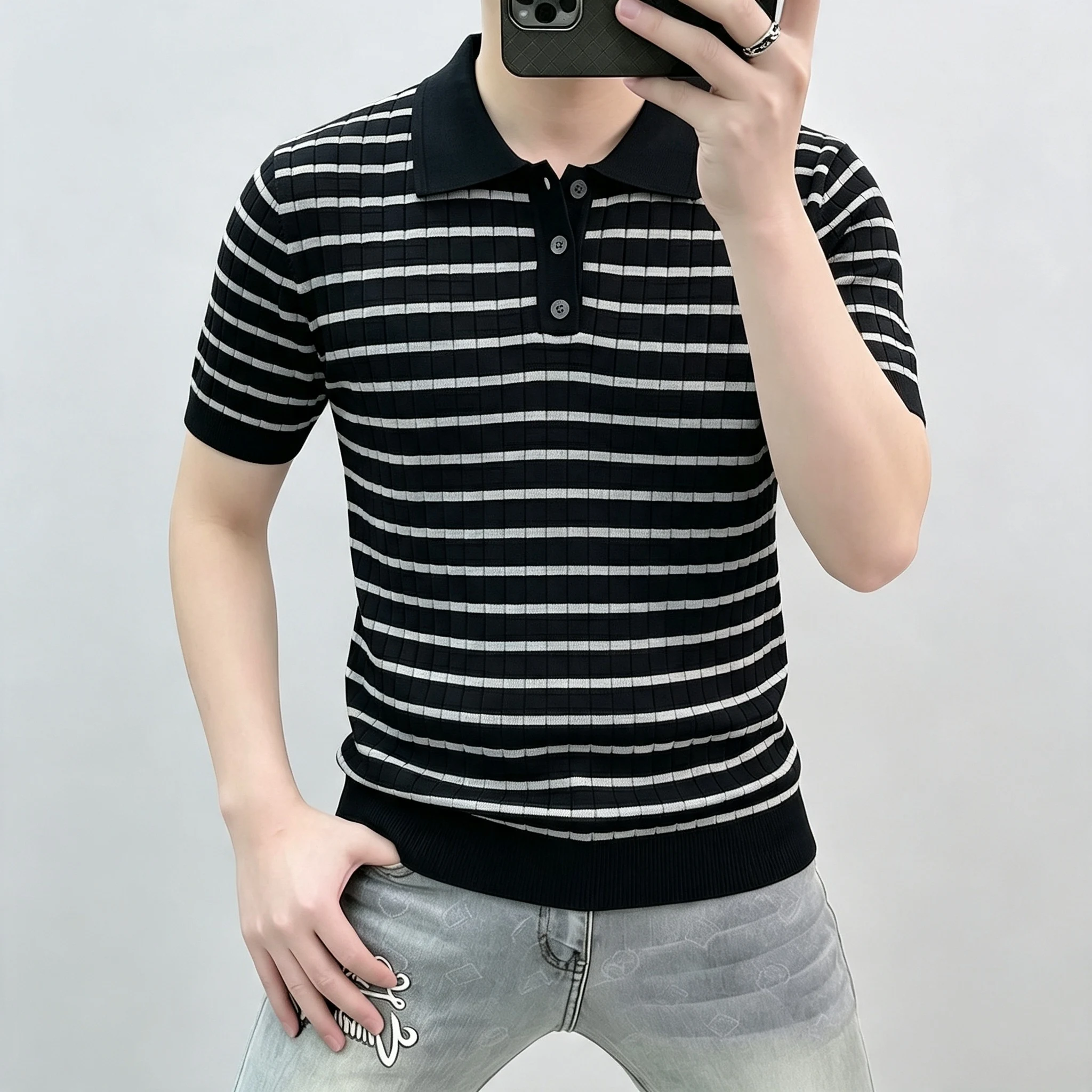 Men's Simple Striped Summer Knit Polo Shirt, Casual Lapel Short-sleeve Knit Sweater, Popular Sweater for Home and Outdoor Wear
Men's Simple Striped Summer Knit Polo Shirt, Casual Lapel Short-sleeve Knit Sweater, Popular Sweater for Home and Outdoor Wear