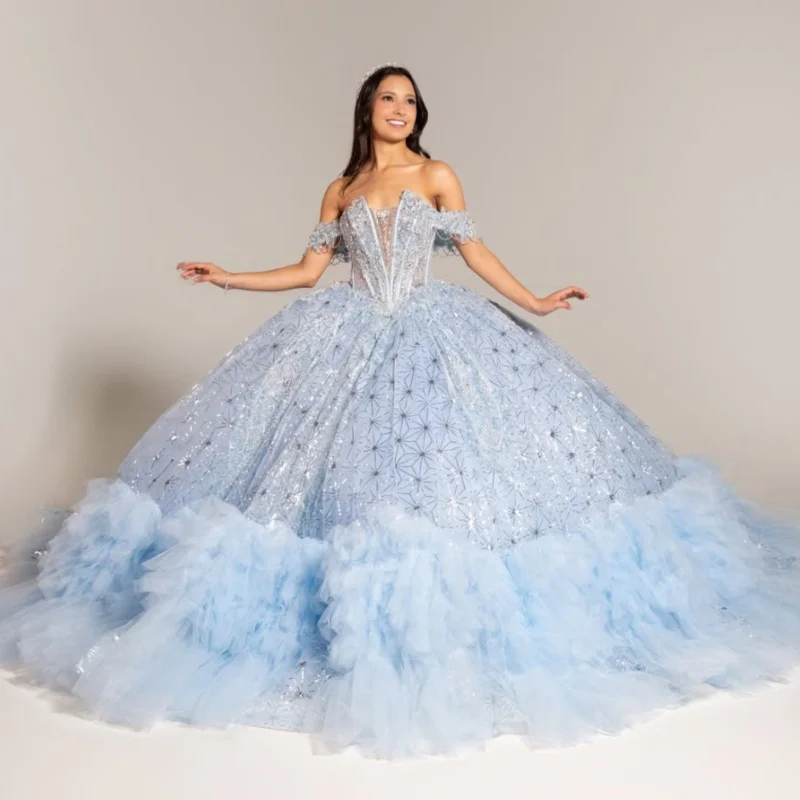 Light Blue Shiny Ball Gown Quinceanera Dresses Applique Lace Beading Crystal Tiered Tull Corset Off The Shoulder Sweet 16 Dress
Light Blue Shiny Ball Gown Quinceanera Dresses Applique Lace Beading Crystal Tiered Tull Corset Off The Shoulder Sweet 16 Dress