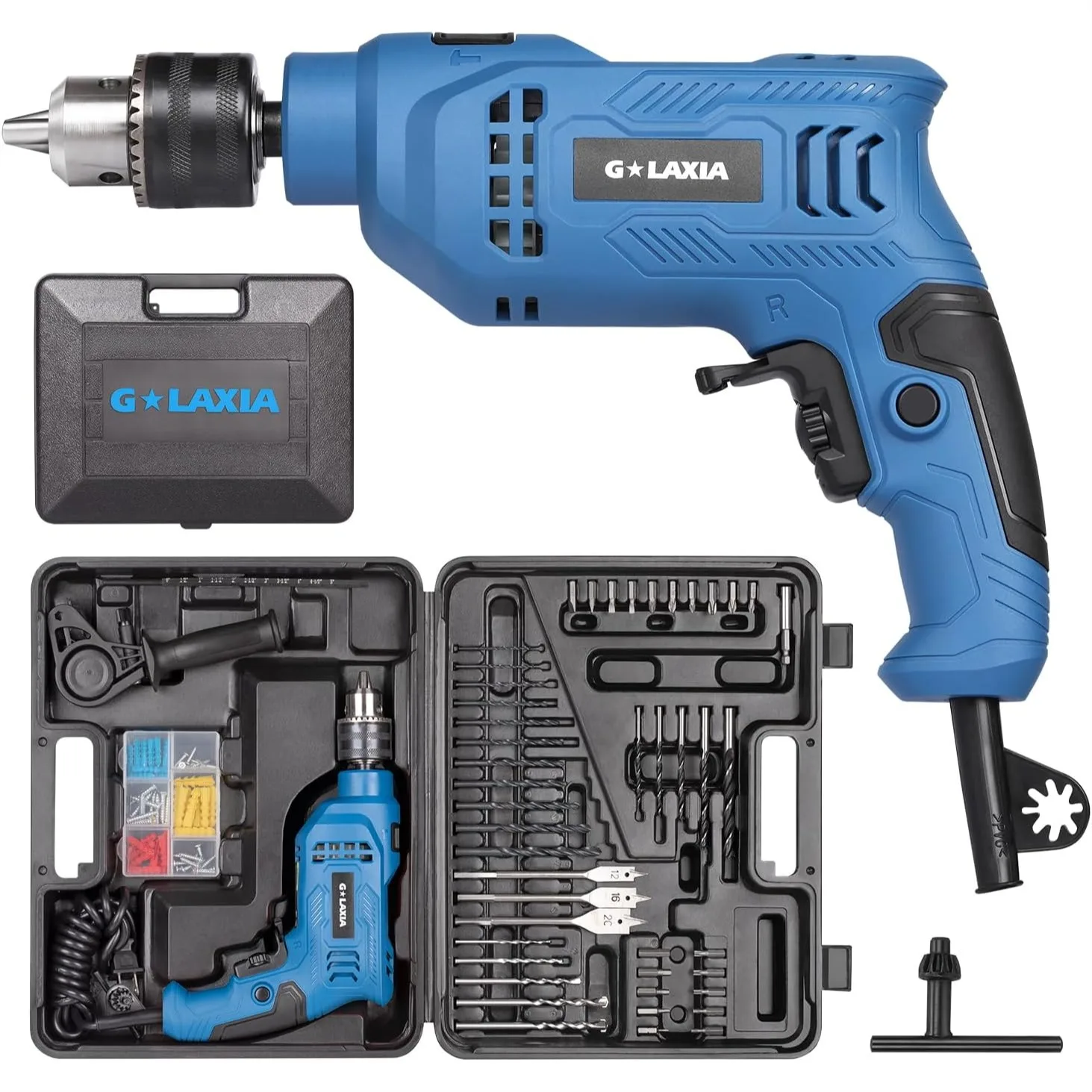 Corded Hammer Drill, 5A 1/2-Inch with 105pcs Bit Set, Variable Speed 0-3000RPM, 360° Handle, Depth Gauge for Concrete Wood
Corded Hammer Drill, 5A 1/2-Inch with 105pcs Bit Set, Variable Speed 0-3000RPM, 360° Handle, Depth Gauge for Concrete Wood