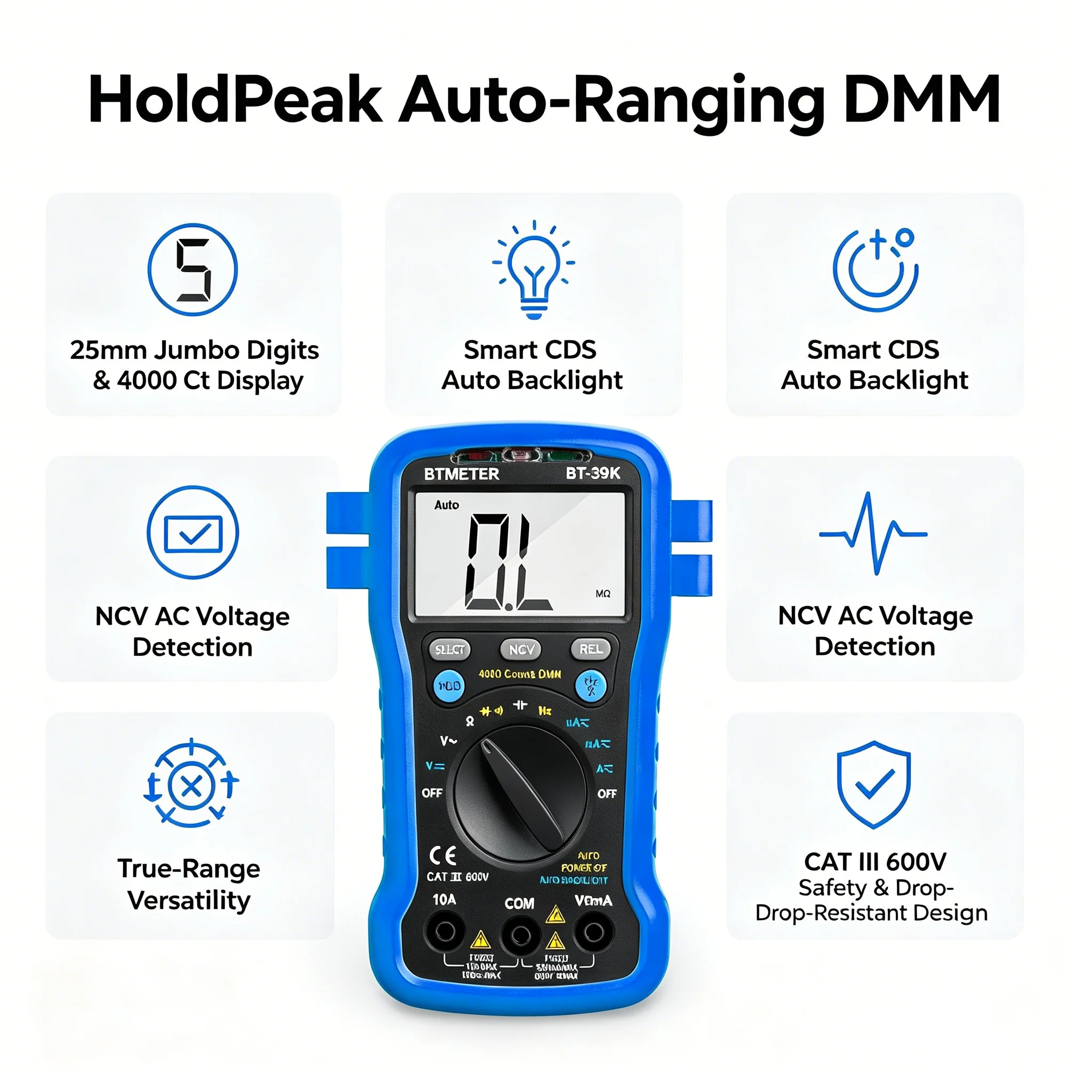 HoldPeak Auto-Ranging DMM 4000Ct ±0.5%DC CAT III 600V NCV Auto-Backlit Data Hold for Home Auto Lab Circuit Test
HoldPeak Auto-Ranging DMM 4000Ct ±0.5%DC CAT III 600V NCV Auto-Backlit Data Hold for Home Auto Lab Circuit Test