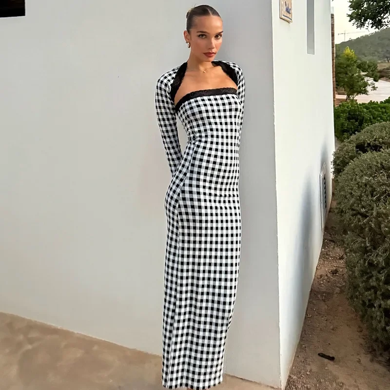 Vintage Plaid Maxi Dress Women Fashion Lace Patchwork Slim Strapless Dresses Autumn Winter Elegant Long Sleeve Party Dress 2024
Vintage Plaid Maxi Dress Women Fashion Lace Patchwork Slim Strapless Dresses Autumn Winter Elegant Long Sleeve Party Dress 2024