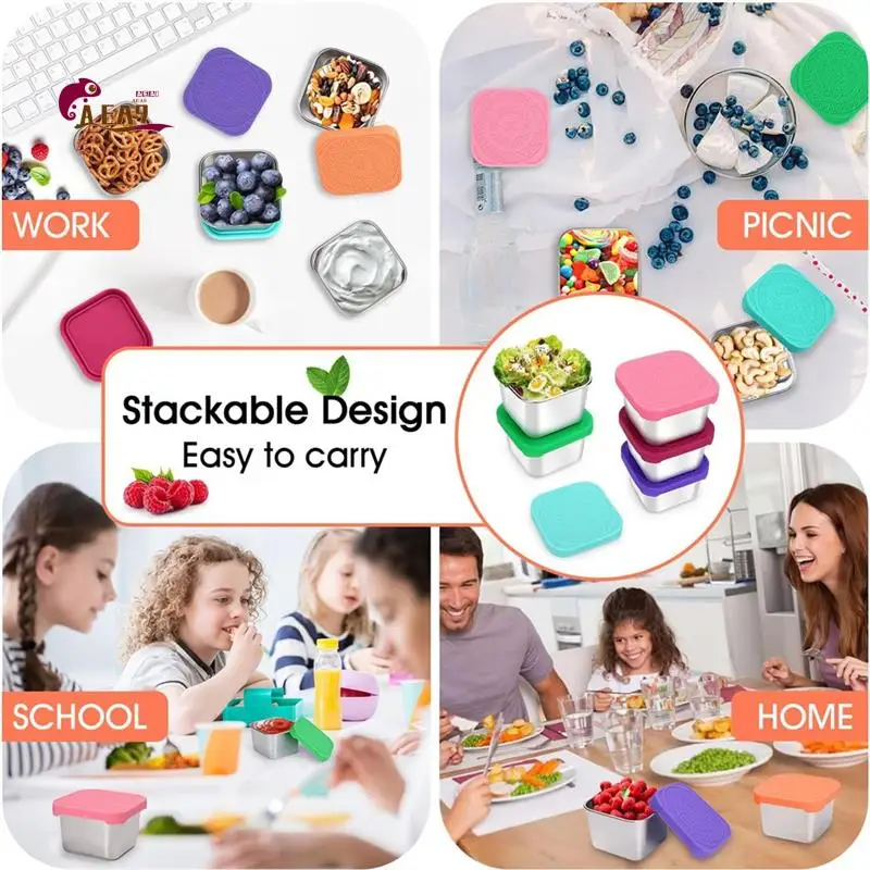 AEA9-6 Piece Snack Containers, 6Oz Metal Sauce Food Storage Box Containers Multicolor Stainless Steel + Silicone
AEA9-6 Piece Snack Containers, 6Oz Metal Sauce Food Storage Box Containers Multicolor Stainless Steel + Silicone