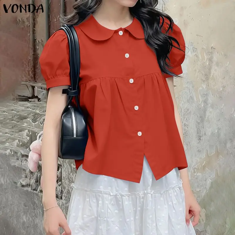 Женские рубашки VONDA, летние однотонные блузки с короткими пышными рукавами и воротником Питер Пэн, повседневные свободные элегантные офисные женские топы, женские блузки
Женские рубашки VONDA, летние однотонные блузки с короткими пышными рукавами и воротником Питер Пэн, повседневные свободные элегантные офисные женские топы, женские блузки