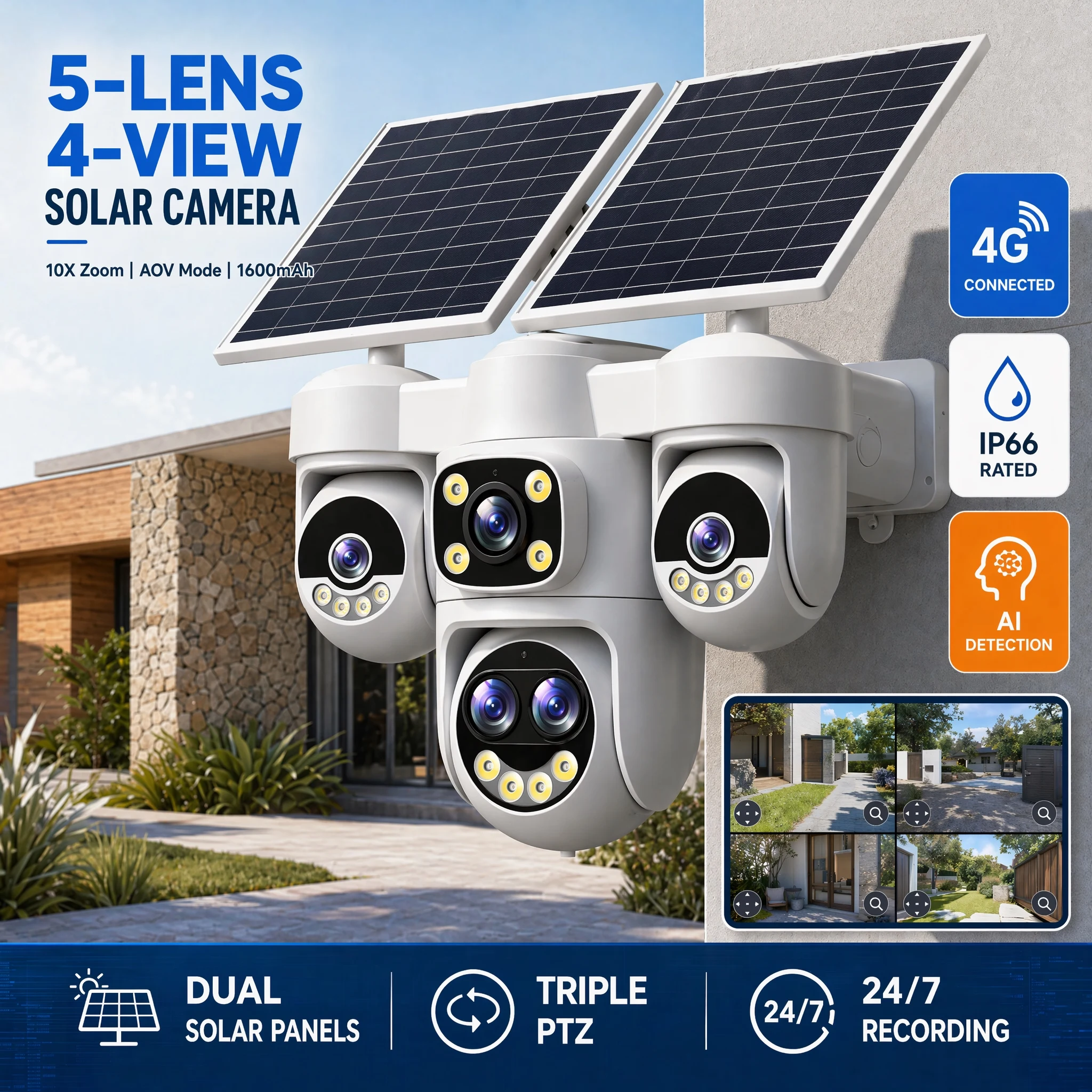 OKAM PRO AOV Solar Camera 5Lens 10X ZOOM HD 25MP 4G SIM Camera 16000 MAh Battery Motion Tracking Night VisionTwo-Way Intercom
OKAM PRO AOV Solar Camera 5Lens 10X ZOOM HD 25MP 4G SIM Camera 16000 MAh Battery Motion Tracking Night VisionTwo-Way Intercom