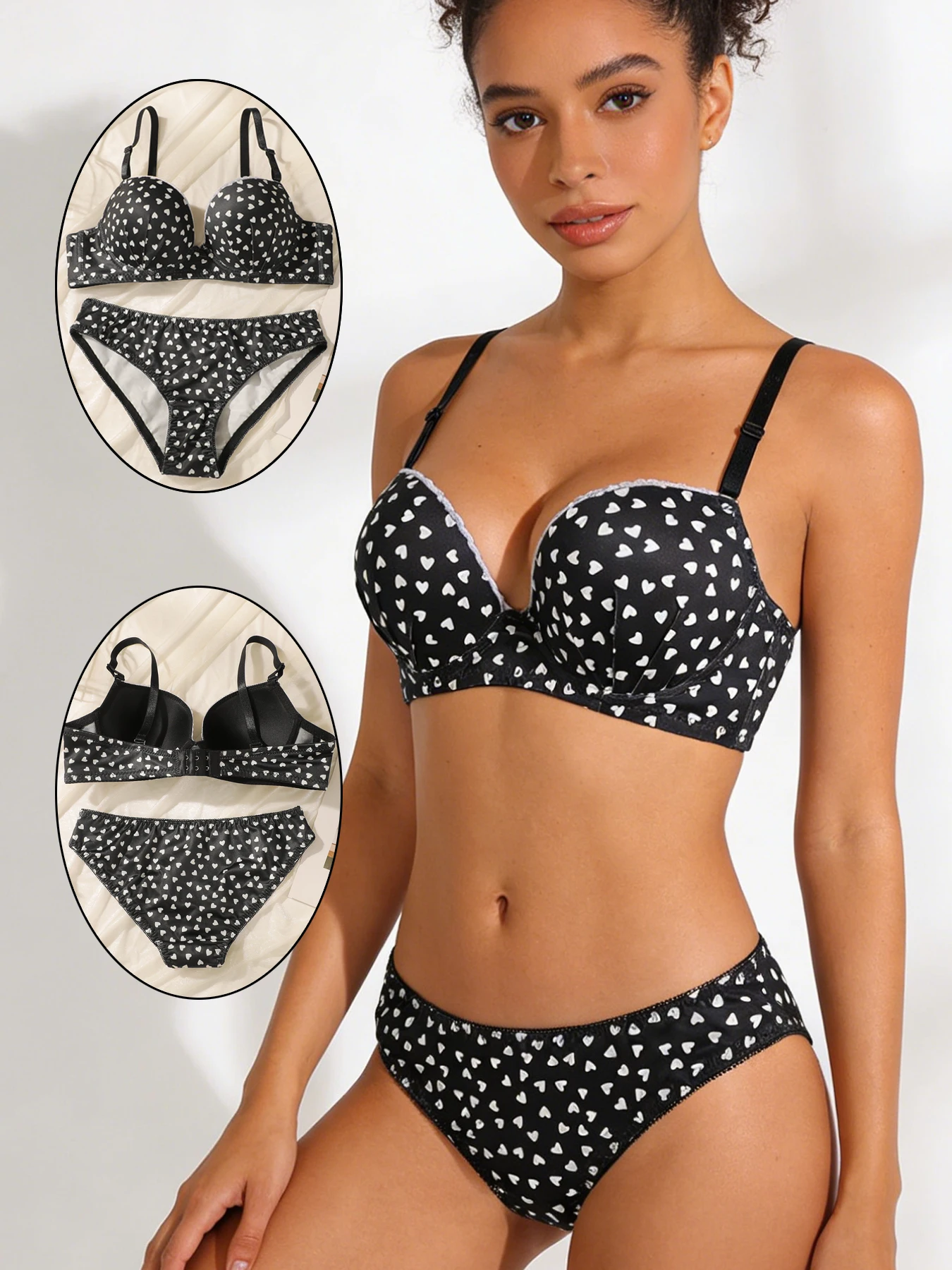 Black White Heart Print Push Up Bra and Panty Set Comfortable Underwire Lingerie Set with Padded Cups Sexy Everyday Wear
Black White Heart Print Push Up Bra and Panty Set Comfortable Underwire Lingerie Set with Padded Cups Sexy Everyday Wear