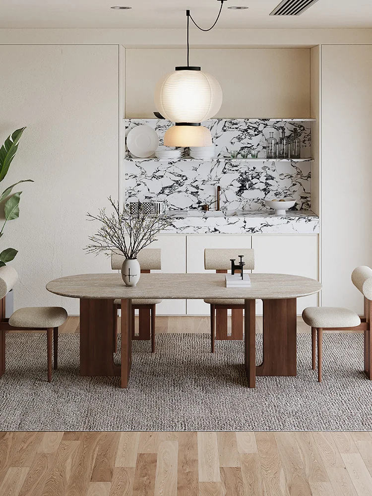French retro travertine marble medieval dining table and chair combination oval living room solid wood home dining
French retro travertine marble medieval dining table and chair combination oval living room solid wood home dining