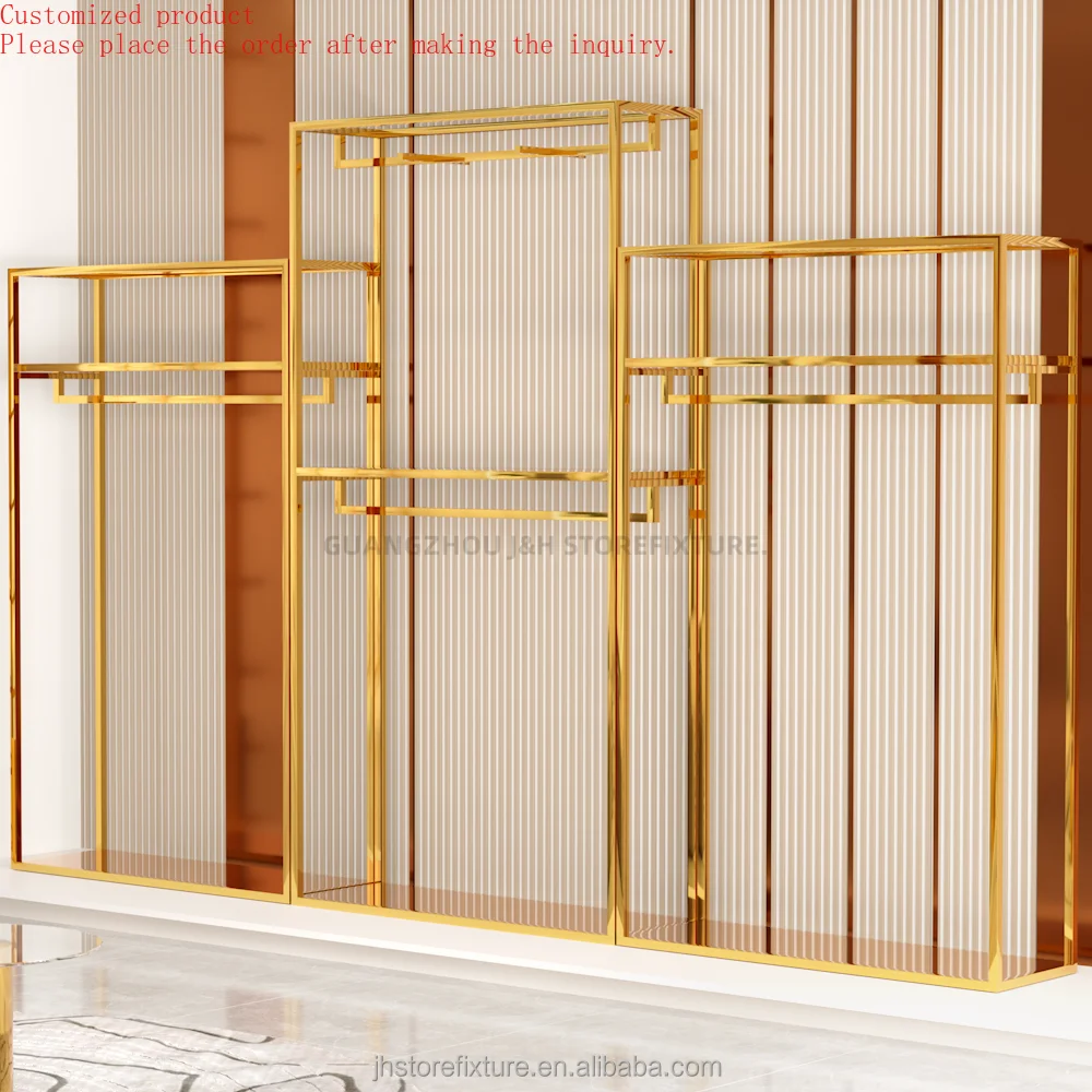 High Quality Shiny Gold Wall Mounted Clothing Display Rack Gold Custom Display Shelf for Clothing Boutique Shop
High Quality Shiny Gold Wall Mounted Clothing Display Rack Gold Custom Display Shelf for Clothing Boutique Shop