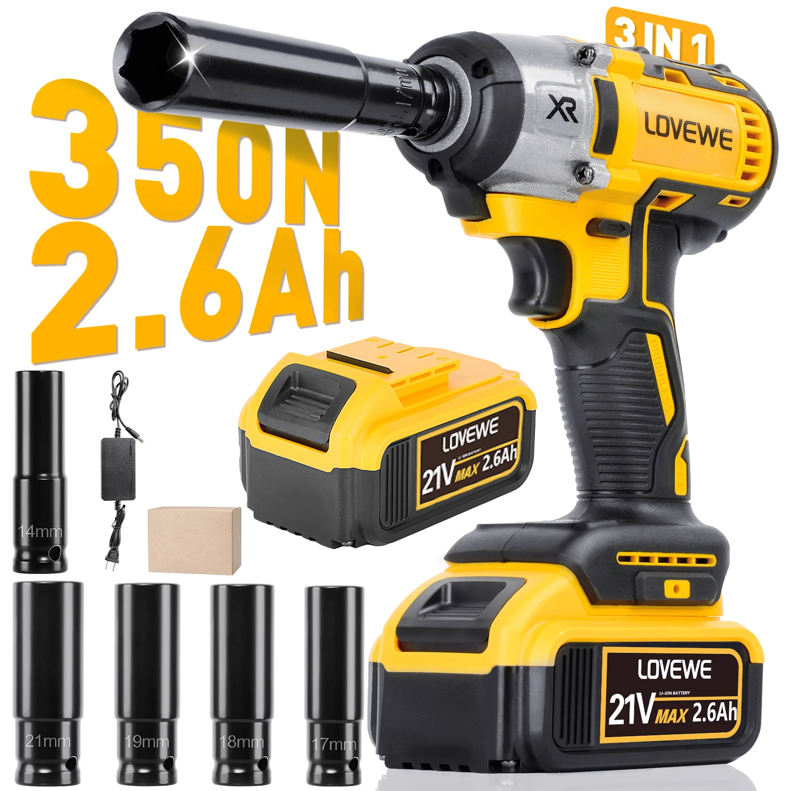 1/2 Inch Cordless Impact Wrench - 258 Ft-lbs (350N·m) Brushless Motor, 2×4.0Ah Batteries, Charger, 6 Sockets, 6 Bits
1/2 Inch Cordless Impact Wrench - 258 Ft-lbs (350N·m) Brushless Motor, 2×4.0Ah Batteries, Charger, 6 Sockets, 6 Bits