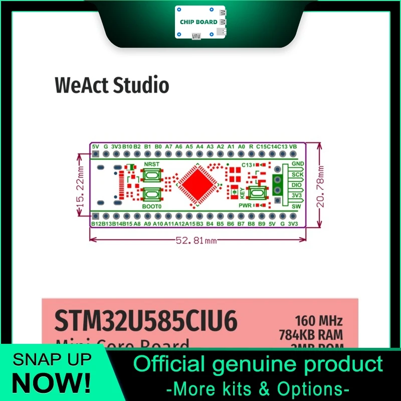 WeAct STM32U585CIU6 Core Board, STM32U585 Cortex-M33 160MHz, 2MB Flash, Low Power MCU
WeAct STM32U585CIU6 Core Board, STM32U585 Cortex-M33 160MHz, 2MB Flash, Low Power MCU