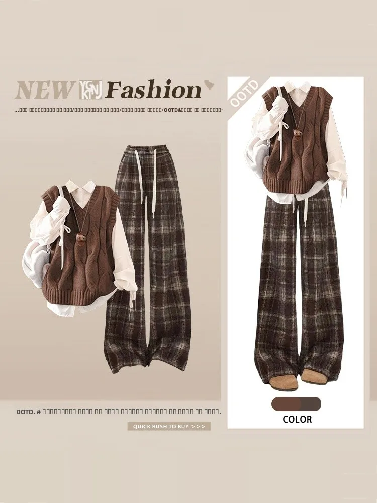 Retro Style Coffee Color Three Piece Set Women's Autumn Winter College Style Design Sense Shirt Vest Wide Leg Pants Ensemble
Retro Style Coffee Color Three Piece Set Women's Autumn Winter College Style Design Sense Shirt Vest Wide Leg Pants Ensemble