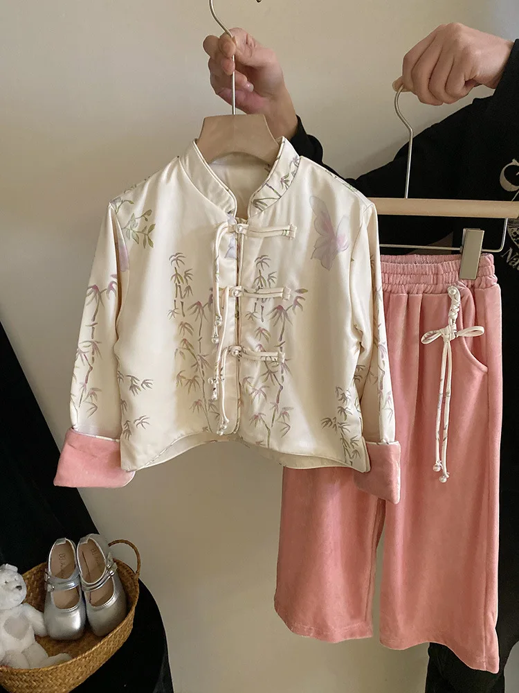Girls' National Style New Chinese Style Suit2024Western Style Stand Collar Buckle Top Coat Design Velvet Wide Leg Pants Fashion-
Girls' National Style New Chinese Style Suit2024Western Style Stand Collar Buckle Top Coat Design Velvet Wide Leg Pants Fashion-