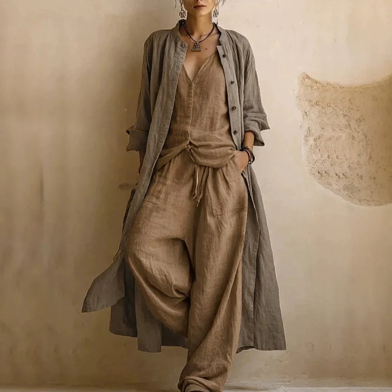 Cotton Linen V-neck Button Tops&Pants 3 Piece Sets Leisure Solid Loose Commute Sets Elegant Lady Long Sleeve Coat Soft Outfits
Cotton Linen V-neck Button Tops&Pants 3 Piece Sets Leisure Solid Loose Commute Sets Elegant Lady Long Sleeve Coat Soft Outfits